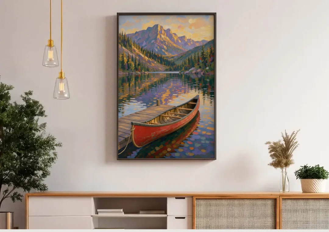 Red Canoe at the Mountain Lake Dock for the Cabin canvas wall art above a wooden sideboard under pendant lights