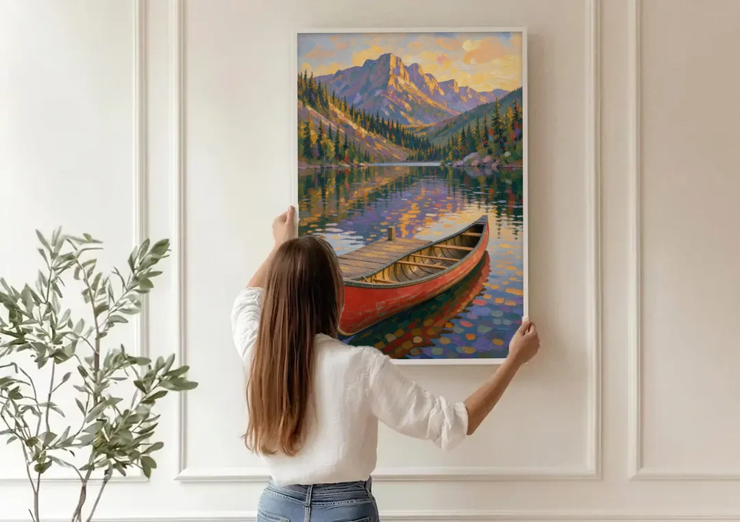 Red Canoe at the Mountain Lake Dock for the Cabin canvas wall art being hung on a paneled wall