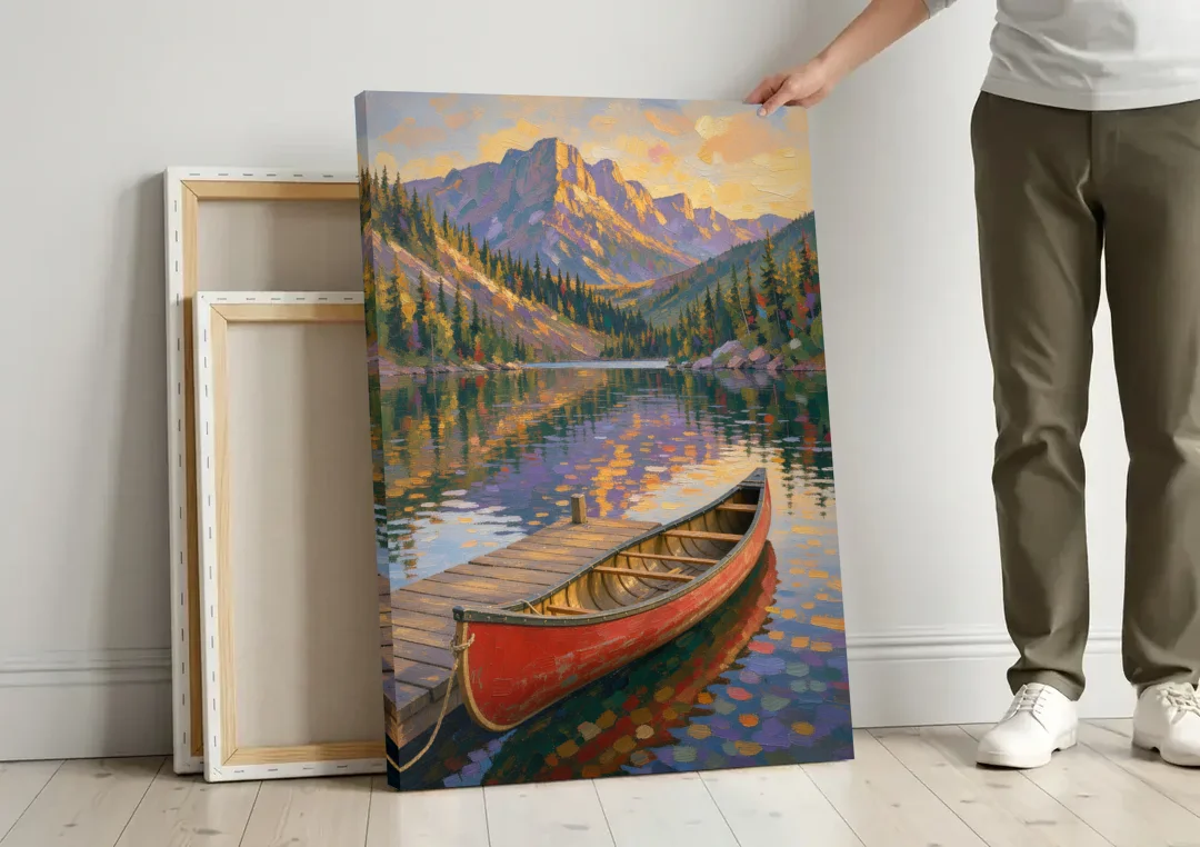 Red Canoe at the Mountain Lake Dock for the Cabin canvas wall art leaning against a wall next to blank canvases