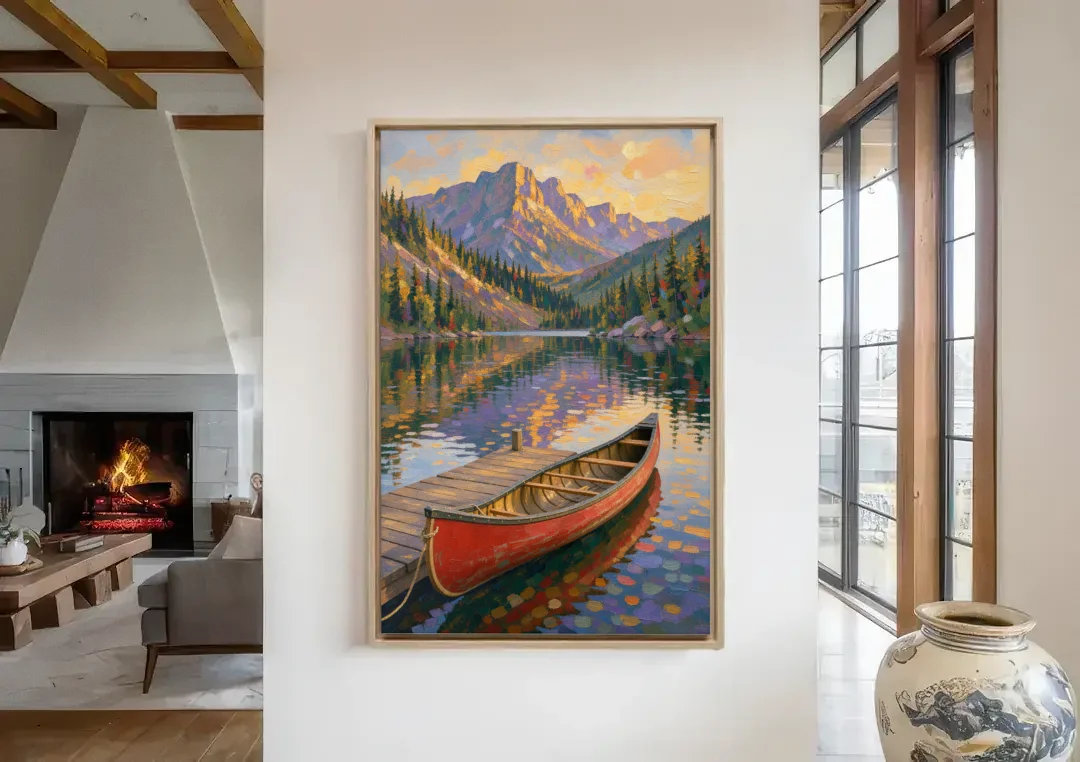 Red Canoe at the Mountain Lake Dock for the Cabin canvas wall art in a living room with a fireplace