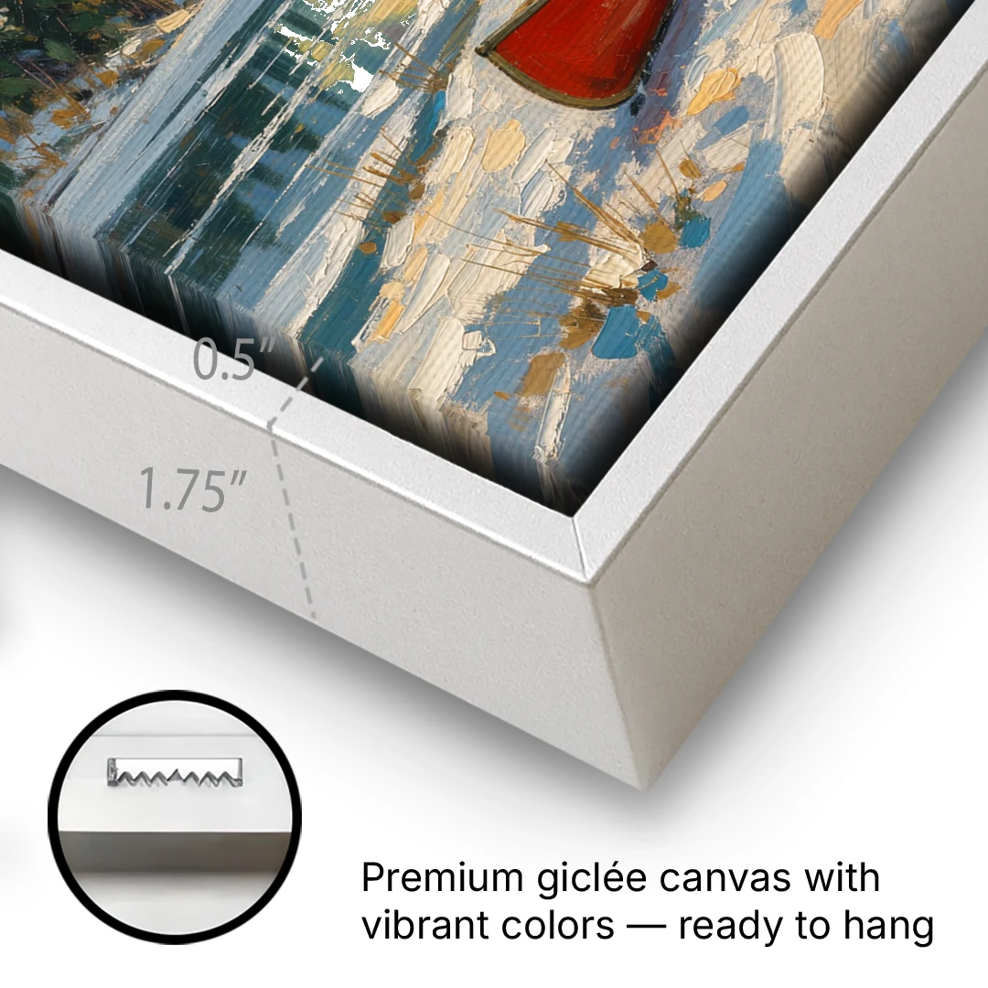 Red Canoe Under the Northern Lights - White Framed Canvas Wall Art - Gallery Wrap Corner