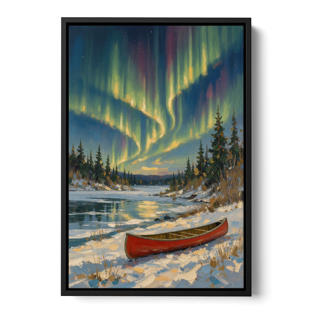 Red Canoe Under the Northern Lights - Black Framed Canvas Wall Art - Front