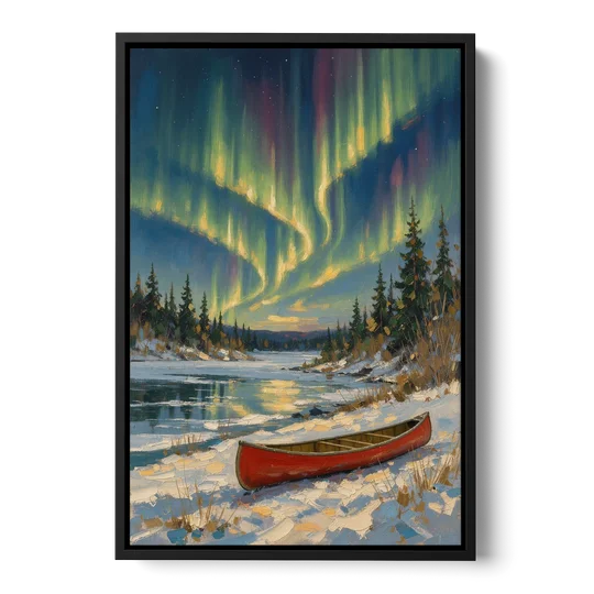 Red Canoe Under the Northern Lights - Black Framed Canvas Wall Art - Front