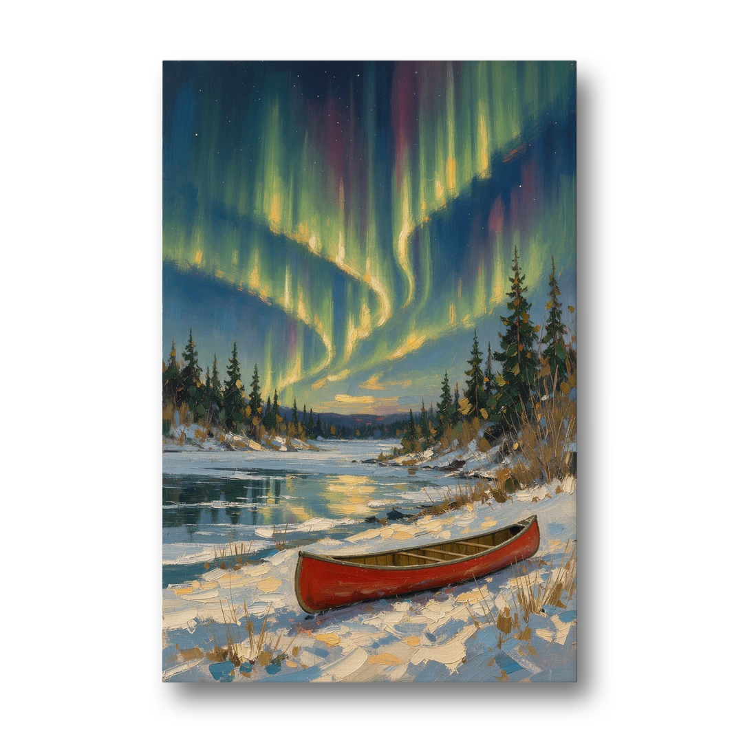 Red Canoe Under the Northern Lights - Canvas Wall Art - Front