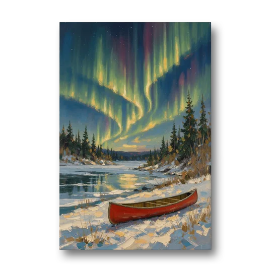 Red Canoe Under the Northern Lights - Canvas Wall Art - Front