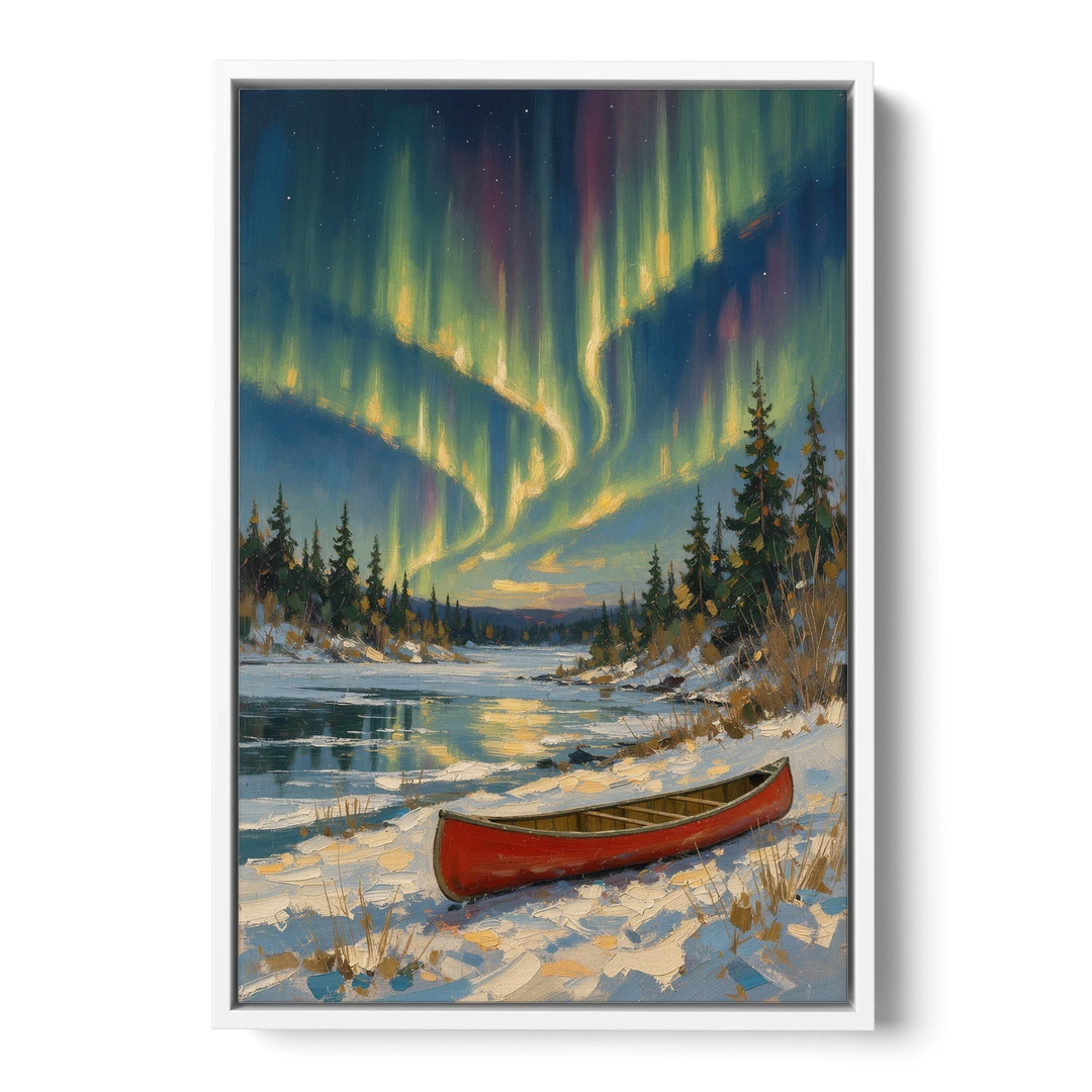 Red Canoe Under the Northern Lights - White Framed Canvas Wall Art - Front