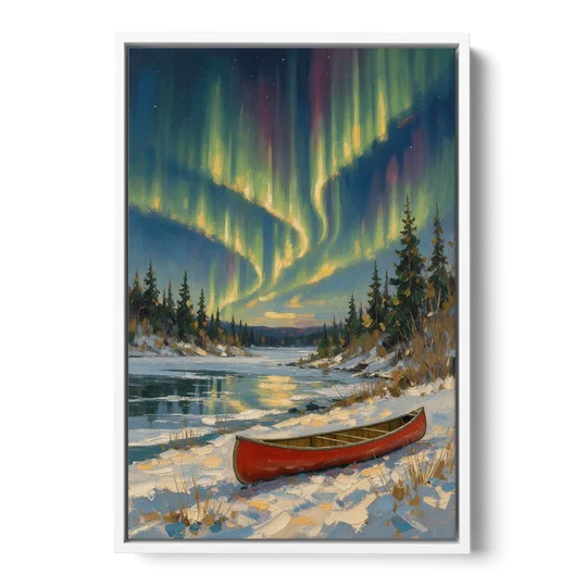 Red Canoe Under the Northern Lights - White Framed Canvas Wall Art - Front