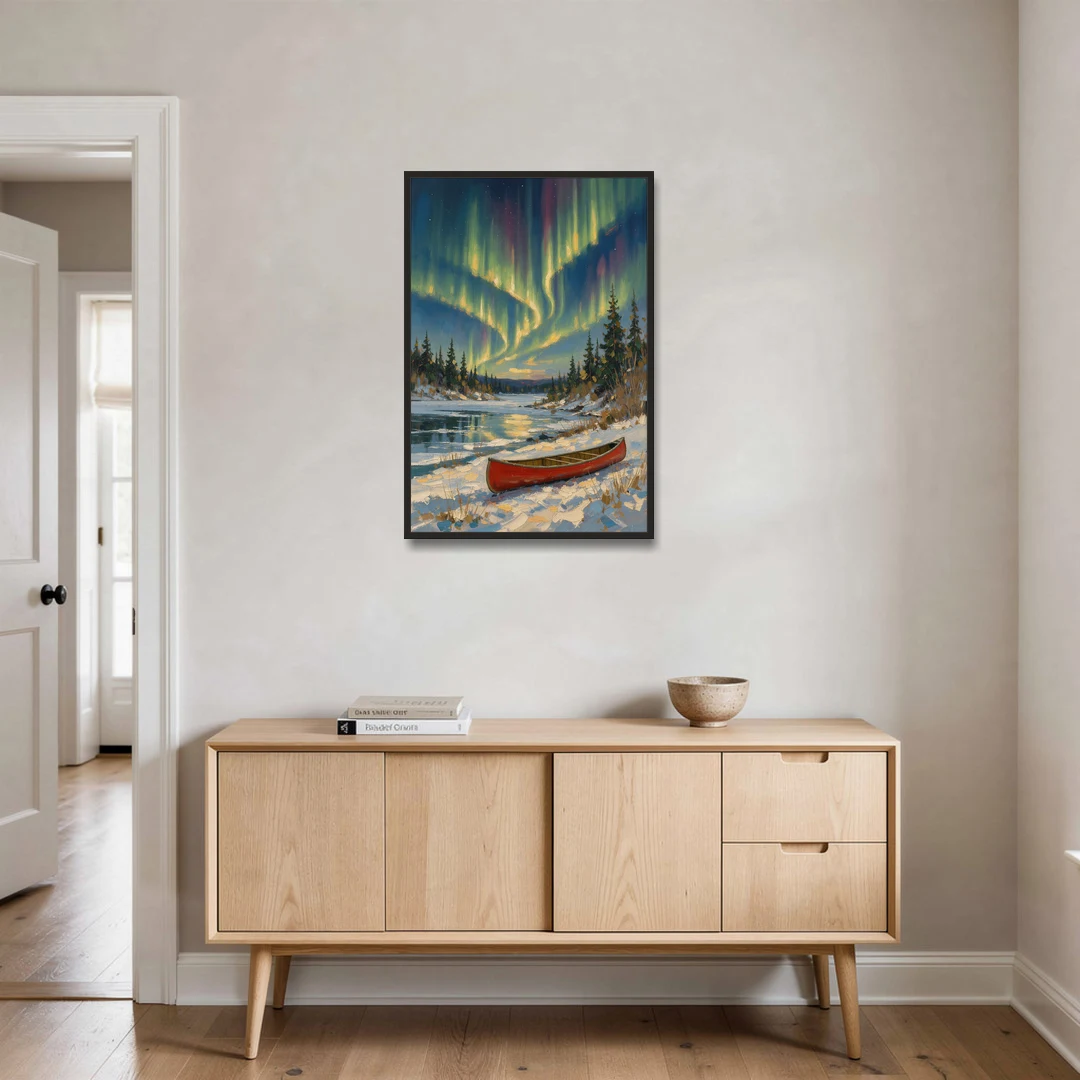 Red Canoe Under the Northern Lights - Black Framed Canvas Wall Art - Coffee Table - 24x36