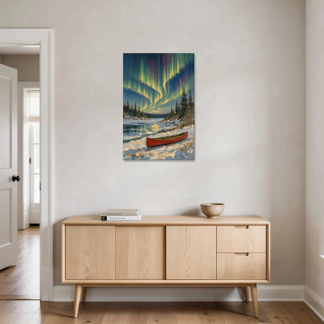 Red Canoe Under the Northern Lights - Canvas Wall Art - Coffee Table - 24x36