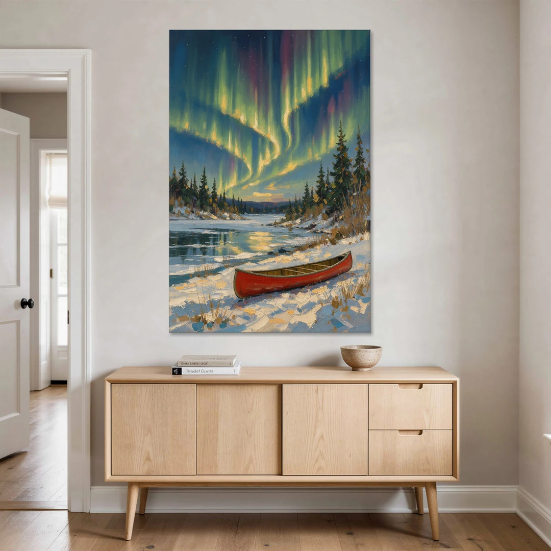 Red Canoe Under the Northern Lights - Canvas Wall Art - Coffee Table - 40x60