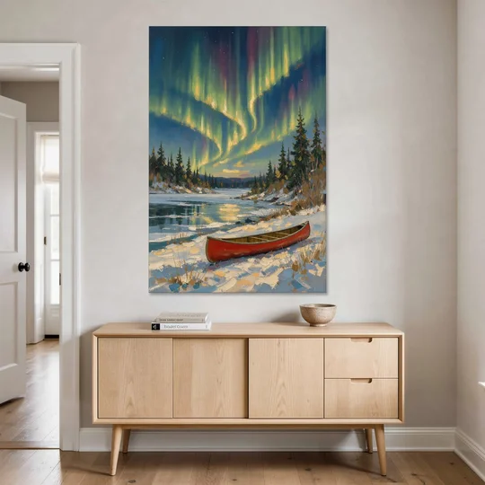 Red Canoe Under the Northern Lights - Canvas Wall Art - Coffee Table - 40x60