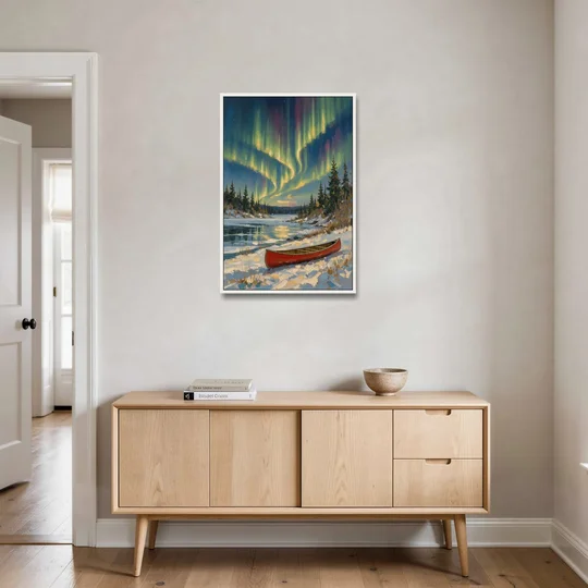 Red Canoe Under the Northern Lights - White Framed Canvas Wall Art - Coffee Table - 24x36