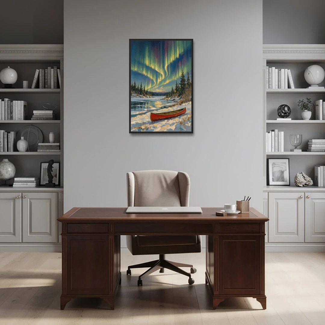 Red Canoe Under the Northern Lights - Black Framed Canvas Wall Art - Office - 24x36