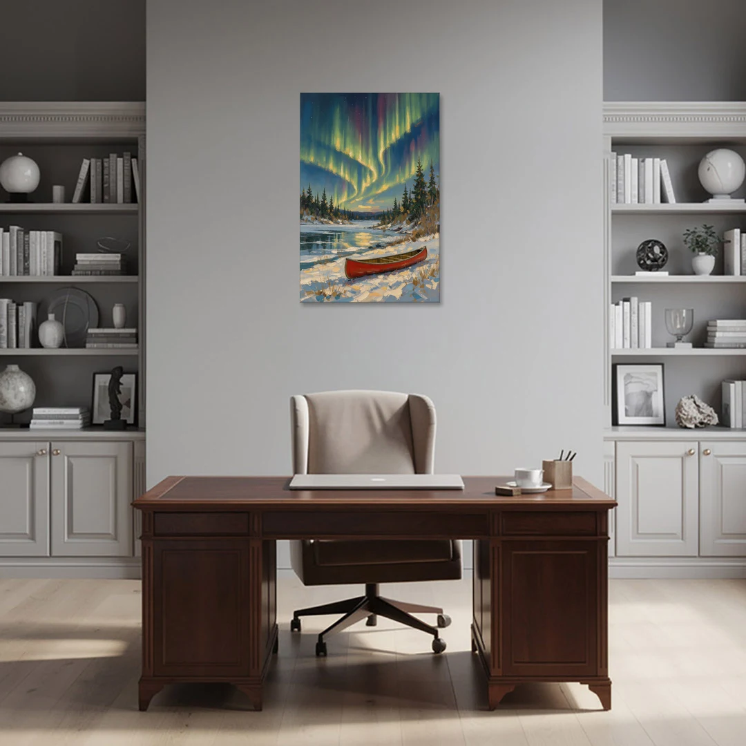 Red Canoe Under the Northern Lights - Canvas Wall Art - Office - 24x36