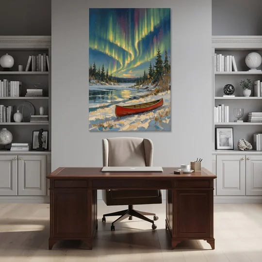 Red Canoe Under the Northern Lights - Canvas Wall Art - Office - 40x60