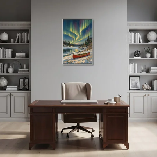 Red Canoe Under the Northern Lights - White Framed Canvas Wall Art - Office - 24x36
