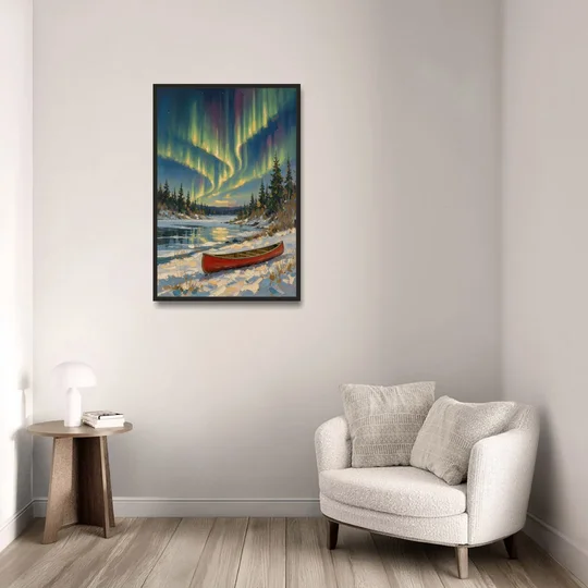 Red Canoe Under the Northern Lights - Black Framed Canvas Wall Art - Sofa - 24x36