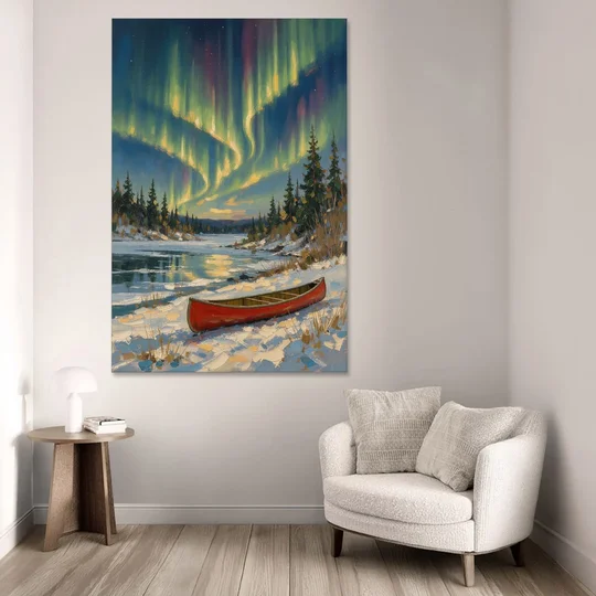 Red Canoe Under the Northern Lights - Canvas Wall Art - Sofa - 40x60