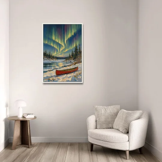 Red Canoe Under the Northern Lights - White Framed Canvas Wall Art - Sofa - 24x36