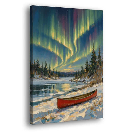 Red Canoe Under the Northern Lights - Canvas Wall Art - Side
