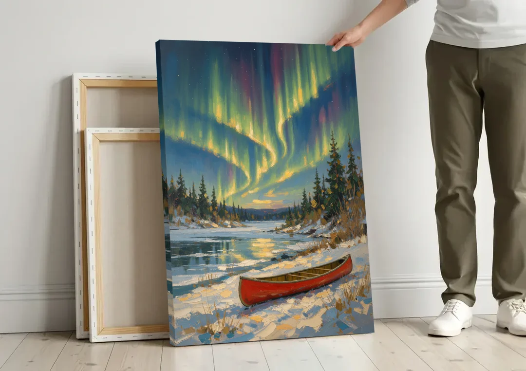 Red Canoe Under the Northern Lights canvas wall art leaning against a wall next to blank canvases