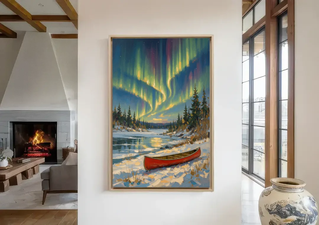 Red Canoe Under the Northern Lights canvas wall art in a living room with a fireplace