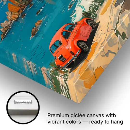 Red Car Painting on the Italian Coast - Canvas Wall Art - Gallery Wrap Corner