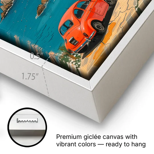 Red Car Painting on the Italian Coast - White Framed Canvas Wall Art - Gallery Wrap Corner