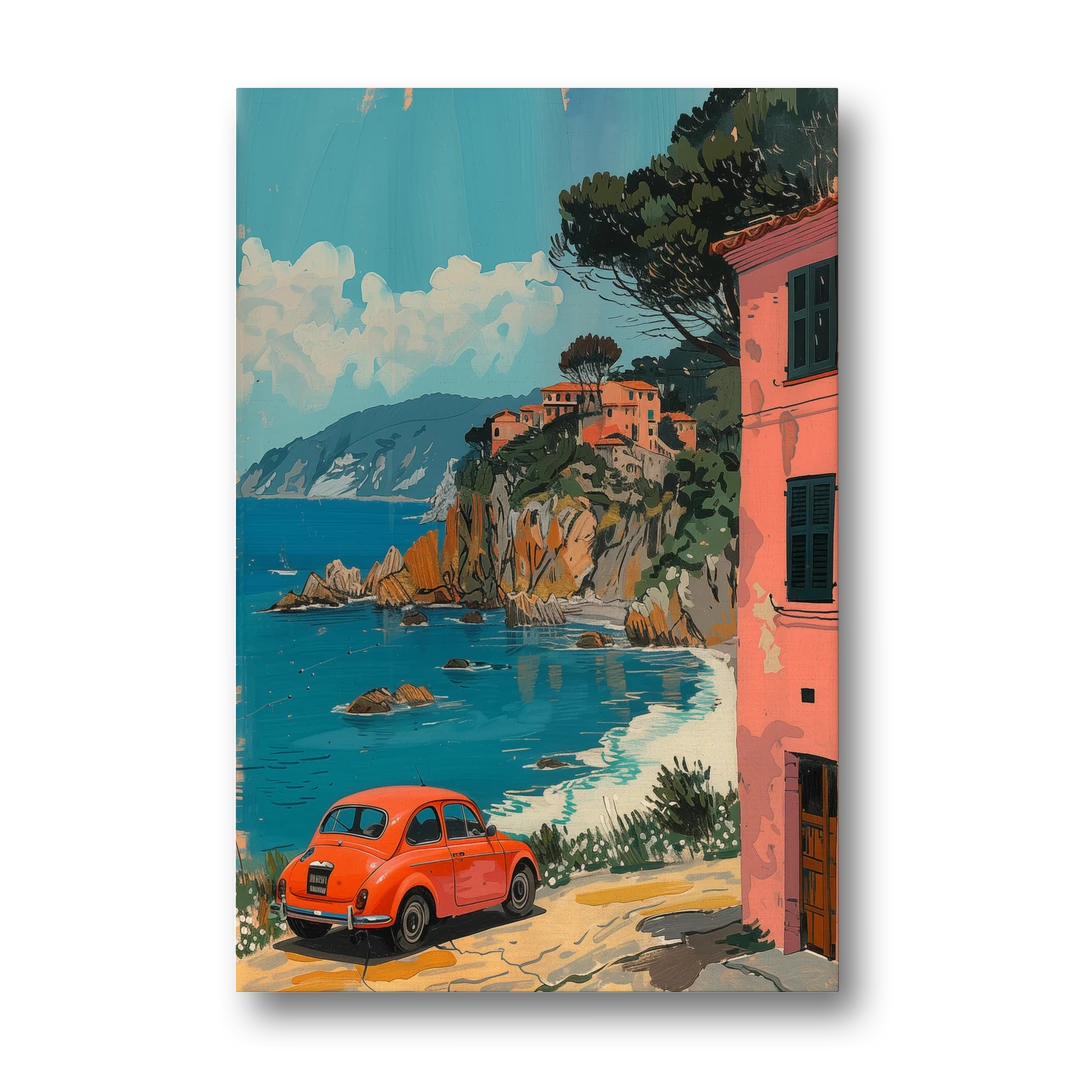 Red Car Painting on the Italian Coast - Canvas Wall Art - Front