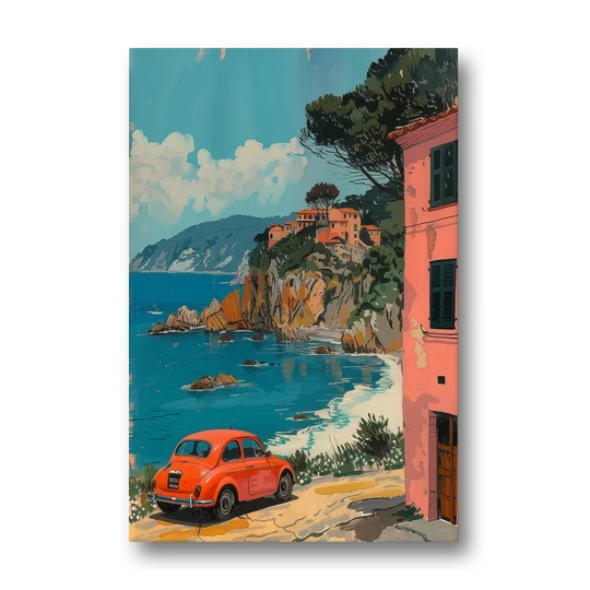 Red Car Painting on the Italian Coast - Canvas Wall Art - Front
