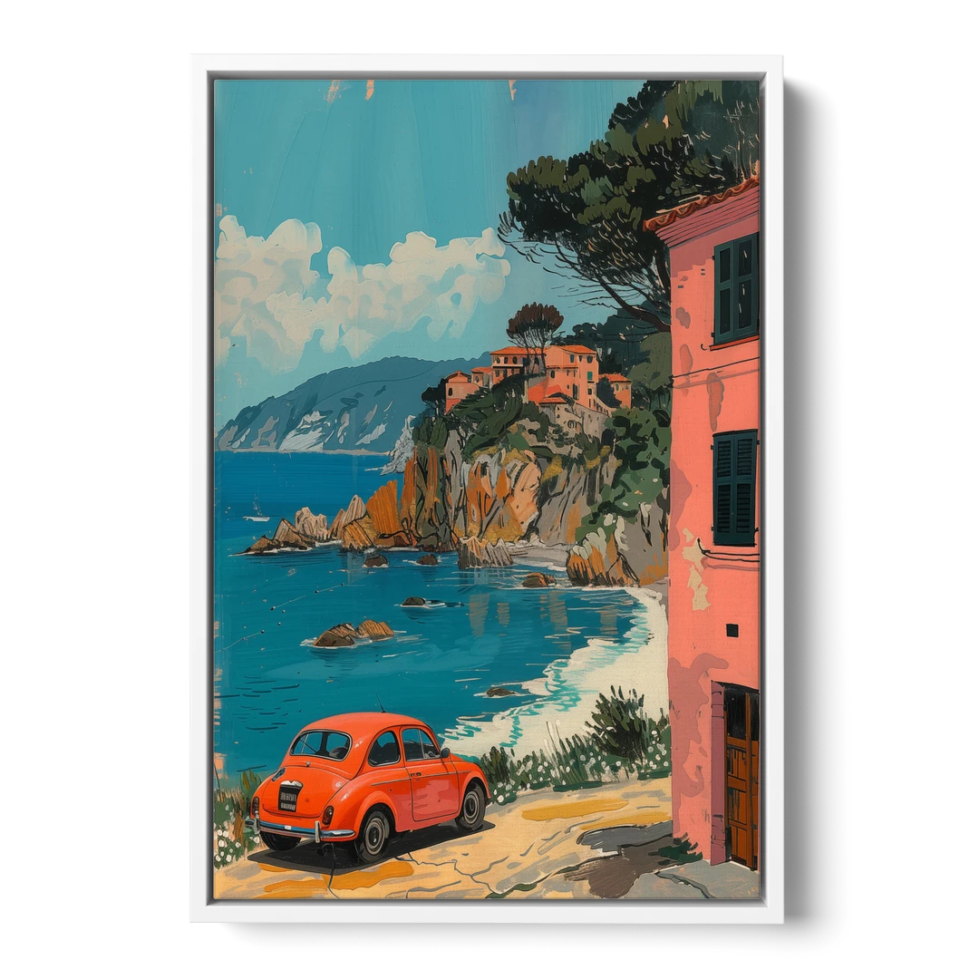 Red Car Painting on the Italian Coast - White Framed Canvas Wall Art - Front