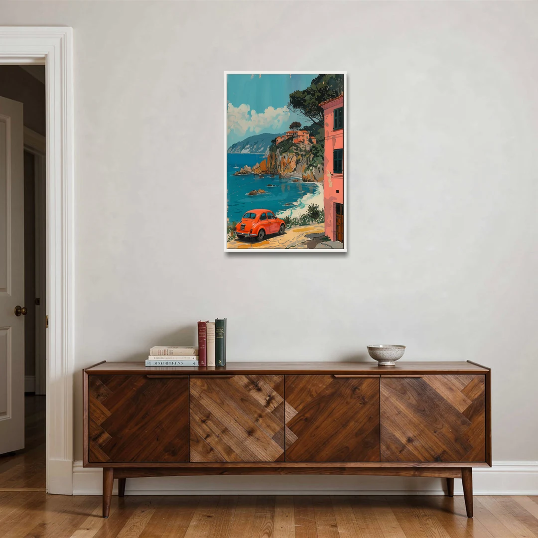 Red Car Painting on the Italian Coast - White Framed Canvas Wall Art - Coffee Table - 24x36