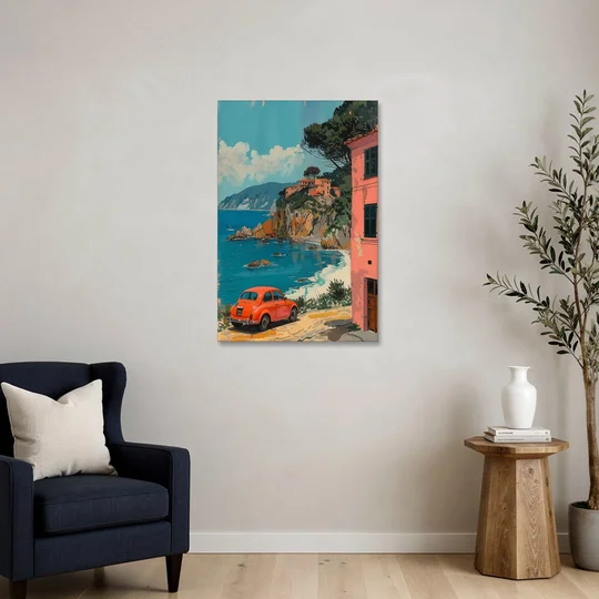 Red Car Painting on the Italian Coast - Canvas Wall Art - Sofa - 24x36