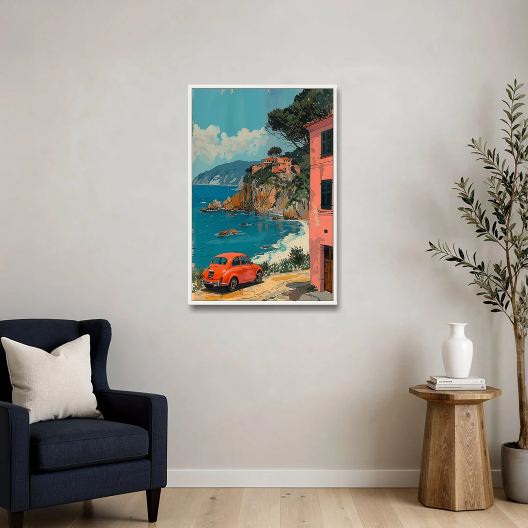 Red Car Painting on the Italian Coast - White Framed Canvas Wall Art - Sofa - 24x36