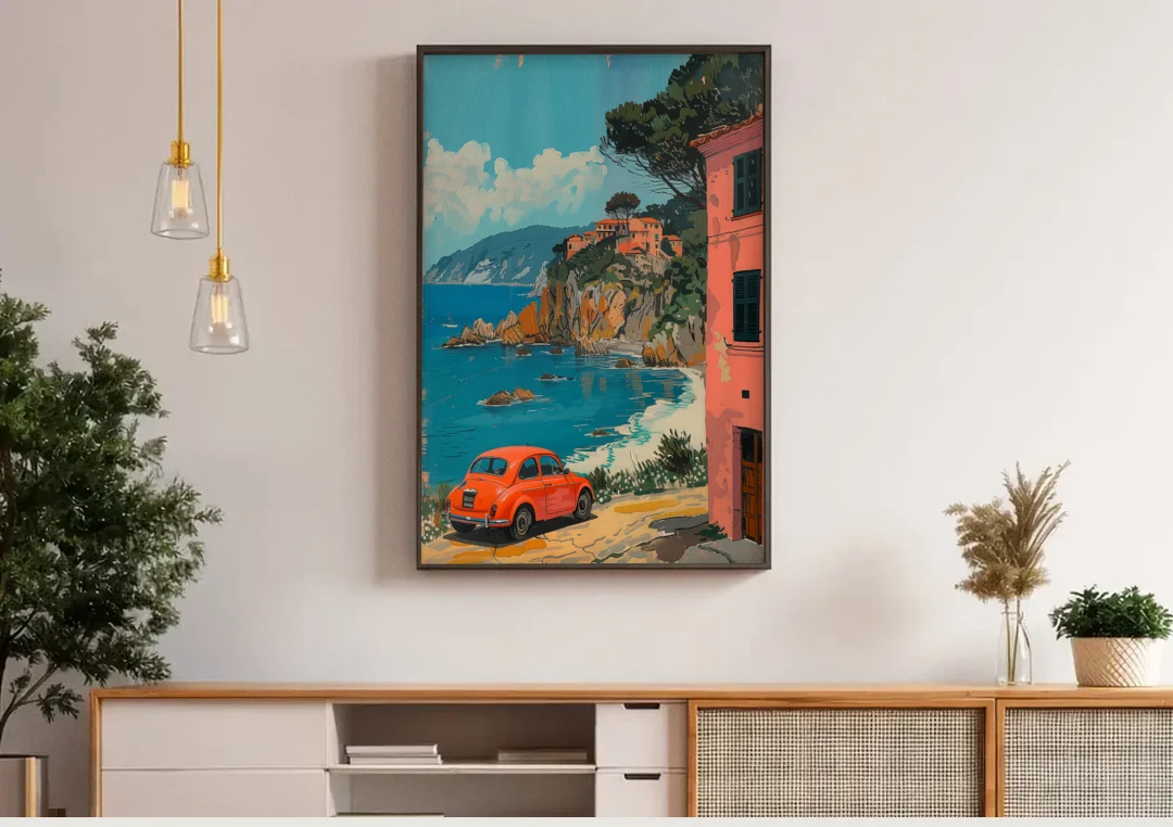 Red Car Painting on the Italian Coast canvas wall art above a wooden sideboard under pendant lights