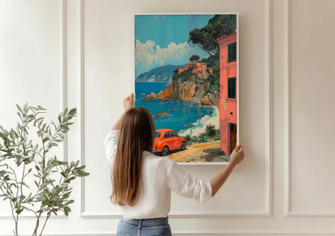 Red Car Painting on the Italian Coast canvas wall art being hung on a paneled wall