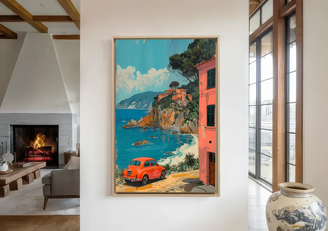 Red Car Painting on the Italian Coast canvas wall art in a living room with a fireplace
