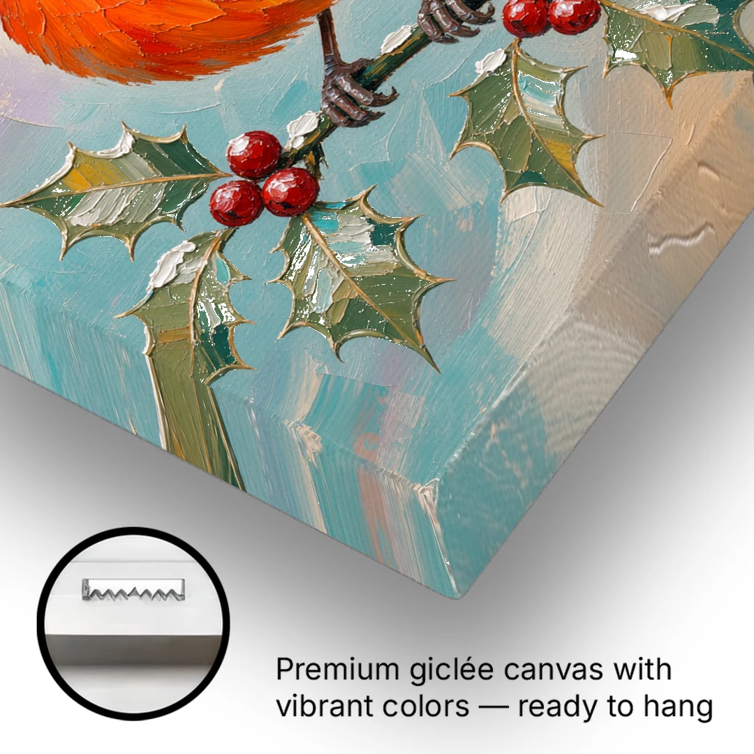 Red Cardinal Painting on Holly Sprig - Canvas Wall Art - Gallery Wrap Corner
