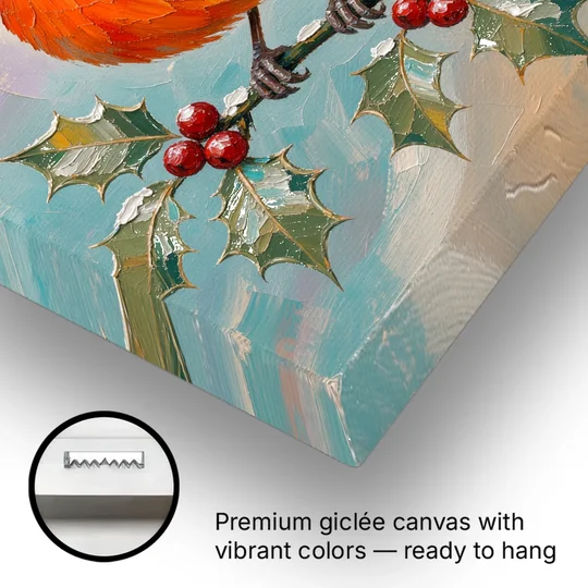 Red Cardinal Painting on Holly Sprig - Canvas Wall Art - Gallery Wrap Corner
