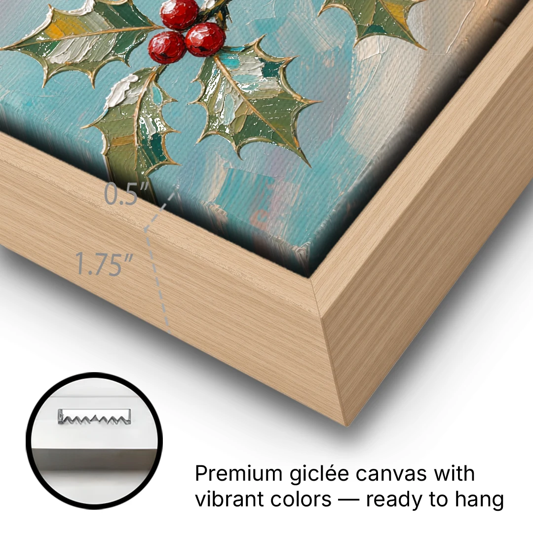 Red Cardinal Painting on Holly Sprig - Oak Framed Canvas Wall Art - Gallery Wrap Corner