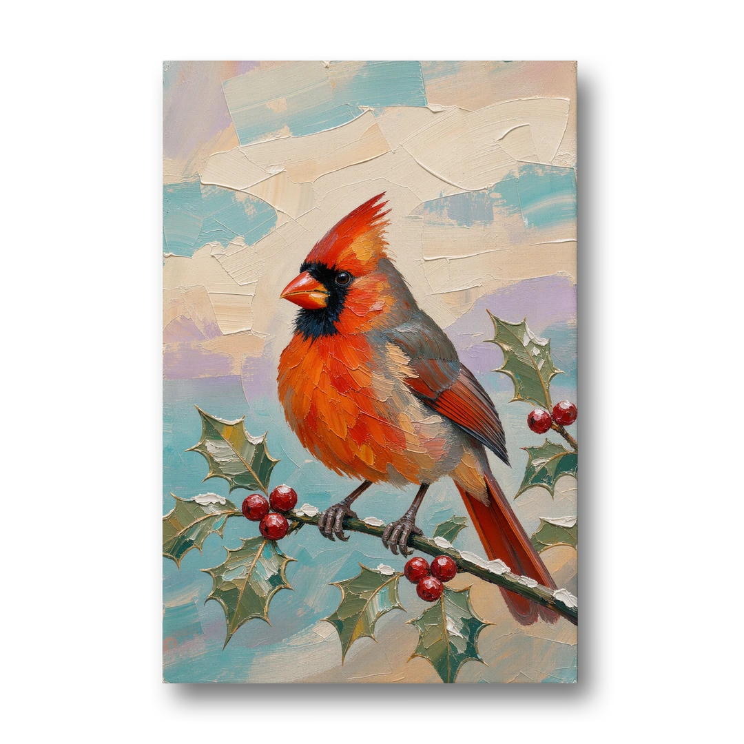 Red Cardinal Painting on Holly Sprig - Canvas Wall Art - Front