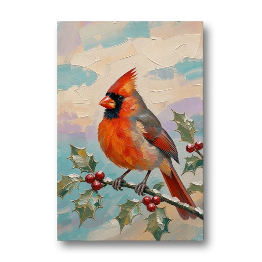Red Cardinal Painting on Holly Sprig - Canvas Wall Art - Front