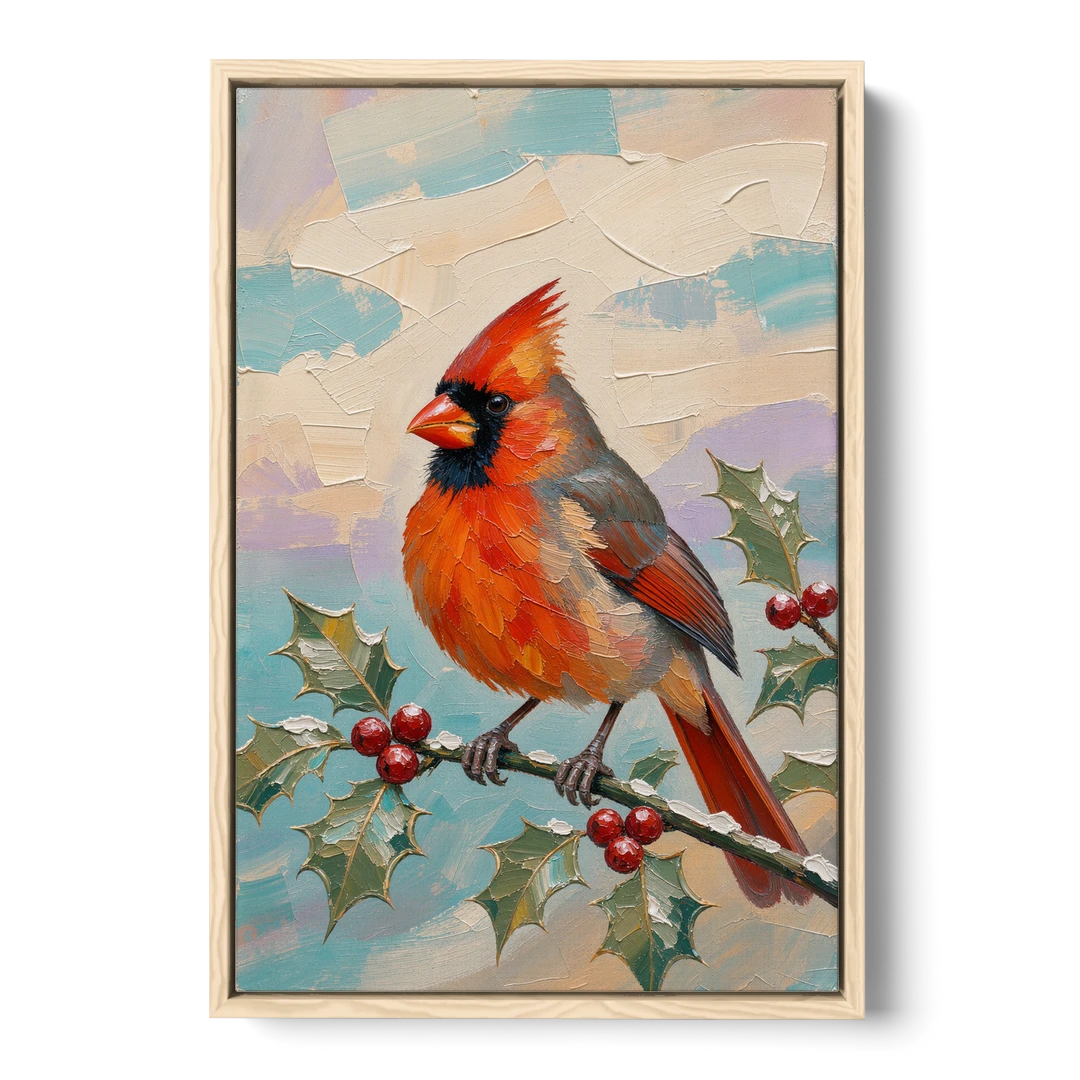 Red Cardinal Painting on Holly Sprig - Oak Framed Canvas Wall Art - Front