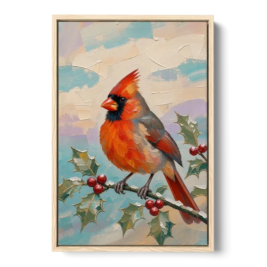 Red Cardinal Painting on Holly Sprig - Oak Framed Canvas Wall Art - Front