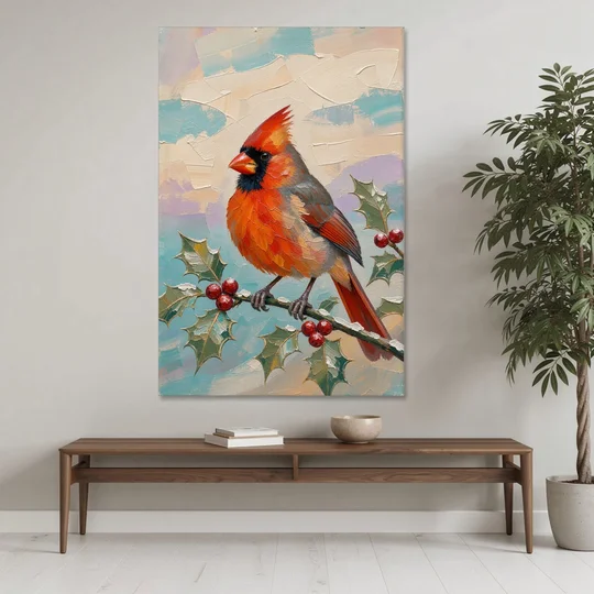 Red Cardinal Painting on Holly Sprig - Canvas Wall Art - Coffee Table - 40x60