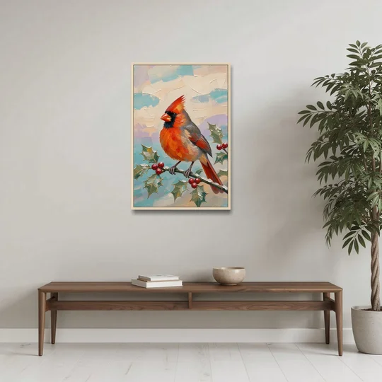 Red Cardinal Painting on Holly Sprig - Oak Framed Canvas Wall Art - Coffee Table - 24x36