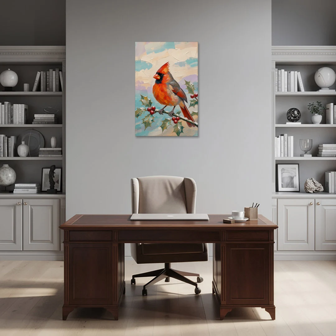 Red Cardinal Painting on Holly Sprig - Canvas Wall Art - Office - 24x36