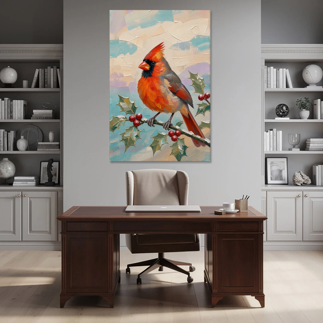 Red Cardinal Painting on Holly Sprig - Canvas Wall Art - Office - 40x60