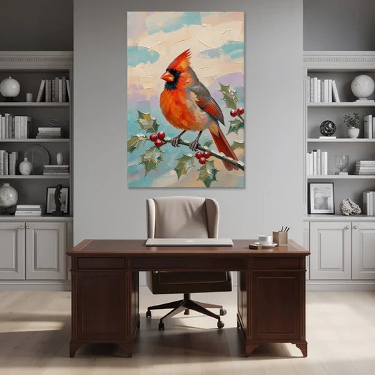 Red Cardinal Painting on Holly Sprig - Canvas Wall Art - Office - 40x60