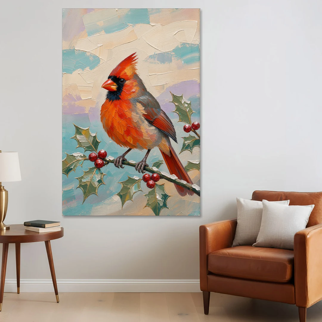 Red Cardinal Painting on Holly Sprig - Canvas Wall Art - Sofa - 40x60
